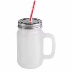 Caneca Mason Jar Vidro Jateado com Canudo